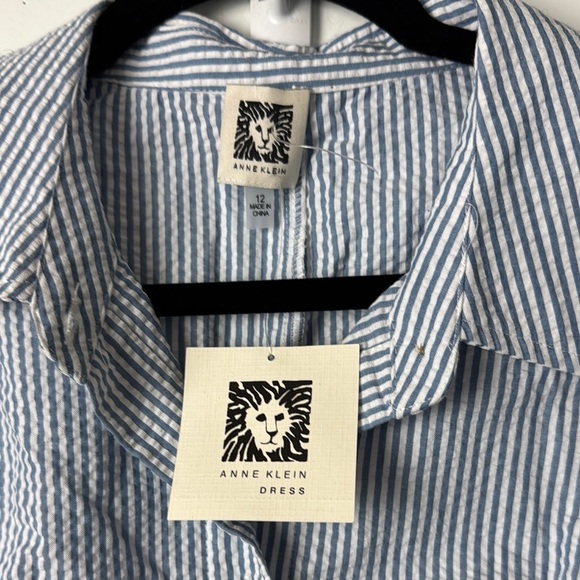 Anne Klein SEERSUCKER White&Blue Dress w/Pockets Self Tie NWT SZ 12 Classic - Picture 1 of 11